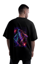 Load image into Gallery viewer, Back print of Astro Rush oversized streetwear tee with neon astronaut artwork