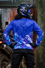 Load image into Gallery viewer, Aurora Blitz Men's Riding Jersey back view in vibrant blue with purple, teal and white abstract graphics, designed as a men's MX, motocross, adventure and rally motorcycle riding jersey.