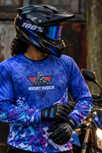Load image into Gallery viewer, Aurora Blitz Men's Riding Jersey close-up showing the blue motocross jersey design, Night Rider graphic and vibrant purple, teal and white pattern for adventure and rally motorcycle riders.