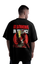 Load image into Gallery viewer, Back print of Blooming In Silence oversized streetwear tee with artistic rose artwork