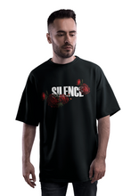 Load image into Gallery viewer, Blooming In Silence oversized black French Terry t-shirt front floral typography design