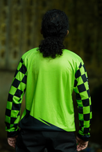 Load image into Gallery viewer, Green Vortex Riding Jersey bright green and black back view with checkered sleeves, designed for Kawasaki KLX 230 riders