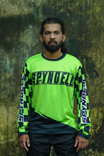 Load image into Gallery viewer, Green Vortex Riding Jersey in bright green and black with checkered sleeves, front view for Kawasaki KLX 230 riders