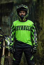 Load image into Gallery viewer, Green Vortex Men's Riding Jersey in vibrant green and black with bold SPYNDELL graphics and checkered sleeves, worn by a motorcycle rider.