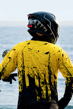Load image into Gallery viewer, Back view of Neon Impact Men's Riding Jersey with high-visibility yellow and black adventure riding design