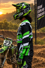 Load image into Gallery viewer, Ninja Vortex Men's Riding Jersey side view featuring green and black racing graphics, styled for Kawasaki KLX 230 and off-road riders.