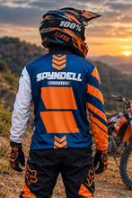 Load image into Gallery viewer, Voltage Vector Men's Riding Jersey back view with bold orange and navy racing graphics, SPYNDELL branding and performance-inspired design for KTM riders, motocross and adventure motorcycle riding.