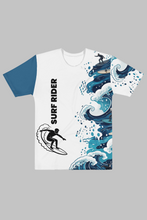 Load image into Gallery viewer, close up Wave Rider t-shirt ocean wave and surfer print detailed design