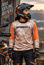 Load and play video in Gallery viewer, Desert Ranger Men's Riding Jersey in digital desert camouflage and orange, showcasing a lightweight 170 GSM poly mesh design, athletic fit and breathable comfort for motorcycle and adventure riders