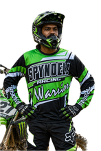 Load and play video in Gallery viewer, Ninja Vortex Men's Riding Jersey in green, black and white racing graphics, designed for Kawasaki KLX 230 riders and off-road motorcycle enthusiasts.