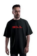 Load image into Gallery viewer, 911 Brotherhood oversized black French Terry t-shirt front typography design
