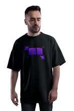 Load image into Gallery viewer, Astro Rush oversized black French Terry t-shirt front cosmic typography design
