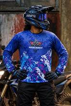 Load image into Gallery viewer, Aurora Blitz Men's Riding Jersey front view featuring a vibrant blue abstract design with purple, teal and white graphics, ideal for MX, motocross, adventure and rally motorcycle riding.
