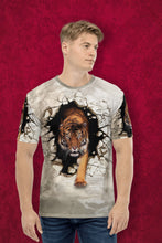Load image into Gallery viewer, Man wearing a t-shirt with a tiger design on a cream background
