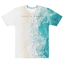 Load image into Gallery viewer, Coastal Escape beach print men's all over printed t-shirt shoreline ocean design

