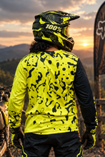 Load image into Gallery viewer, Desert Phantom Men's Riding Jersey back view featuring neon yellow and black camouflage graphics with topographic sleeve detailing, ideal for V-Strom adventure motorcycle riders, dual-sport touring and off-road adventures.
