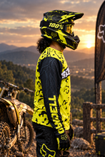 Load image into Gallery viewer, Desert Phantom Men's Riding Jersey side profile showing its neon yellow and black design, long sleeves and camouflage-inspired graphics, suitable for Suzuki V-Strom riders, adventure touring and dual-sport motorcycling.
