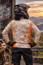 Load image into Gallery viewer, Desert Ranger Men's Riding Jersey back view with digital desert camouflage and orange side panels, styled for KTM Adventure riders.
