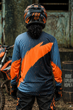 Load image into Gallery viewer, Flare Force Men's Riding Jersey back view featuring bold orange and black racing graphics for KTM motorcycle riders
