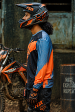 Load image into Gallery viewer, Flare Force Men's Riding Jersey side view showing orange and black racing graphics with breathable long-sleeve design for KTM riders

