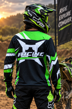 Load image into Gallery viewer, Ninja Vortex Men's Riding Jersey back view with bold green, black and white racing graphics, designed for Kawasaki KLX 230 riders.
