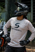 Load image into Gallery viewer, Sandstorm Elite Men's Riding Jersey side view showing the sand camouflage design, orange-red sleeve accents and athletic riding fit.
