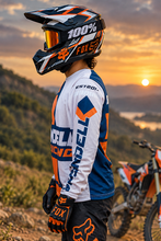 Load image into Gallery viewer, Voltage Vector Men's Riding Jersey side profile showing orange, navy and white racing graphics, long sleeves and athletic regular fit for KTM riders, sport bikes and adventure motorcycles.
