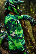 Load image into Gallery viewer, Woodland Ranger Men's Riding Jersey side view showing the green camouflage pattern and long-sleeve design, styled for off-road motorcycle riding.
