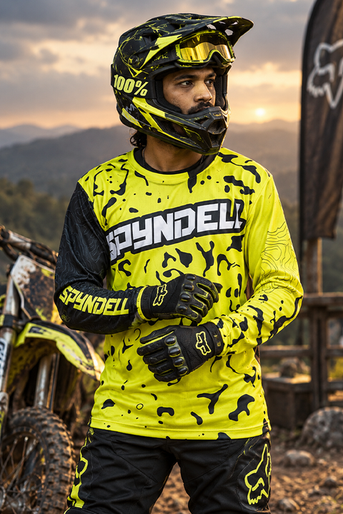 Desert Phantom Men's Riding Jersey video showcasing its high-visibility neon yellow and black design, camouflage graphics and topographic details, designed for Suzuki V-Strom 250 SX and V-Strom 650 riders, adventure touring and off-road motorcycle riding.