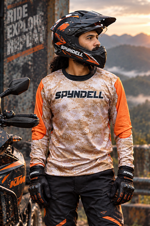 Desert Ranger Men's Riding Jersey in digital desert camouflage and orange, showcasing a lightweight 170 GSM poly mesh design, athletic fit and breathable comfort for motorcycle and adventure riders