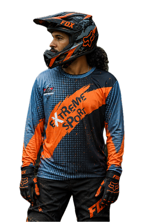 Flare Force Men's Riding Jersey in navy blue, orange and grey with bold racing graphics, designed for KTM riders and off-road motorcycle enthusiasts.