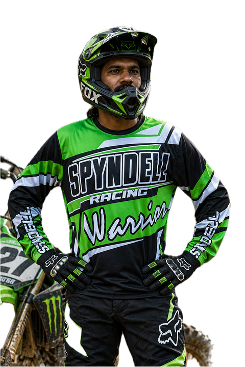 Ninja Vortex Men's Riding Jersey in green, black and white racing graphics, designed for Kawasaki KLX 230 riders and off-road motorcycle enthusiasts.