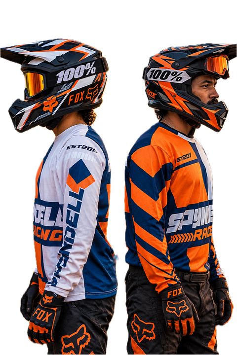 Voltage Vector Men's Riding Jersey showcased in orange, navy and white racing graphics, featuring front, side and riding views for KTM riders, MX, adventure, touring and motorcycle enthusiasts.