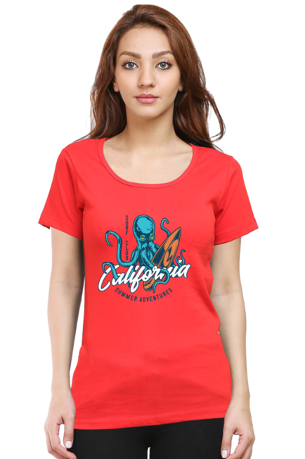 Surfing Octopus -  Women's Round Neck Half Sleeve T-Shirt