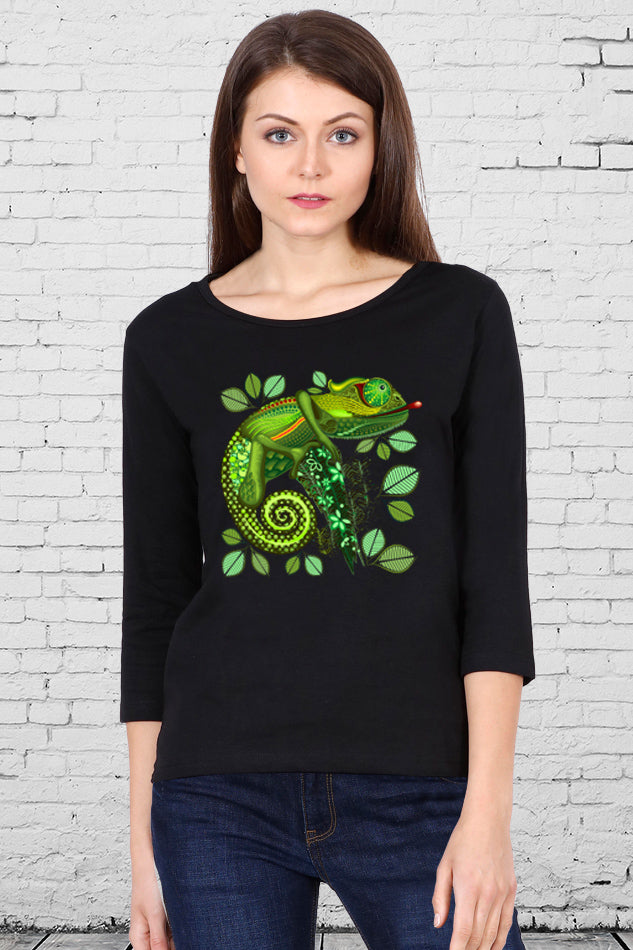 Green Chameleon Illustration - Women's Round Neck Full Sleeve T-Shirt