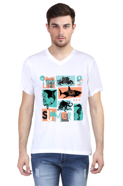 Ocean Life- Men's V-Neck Half Sleeve T-Shirt