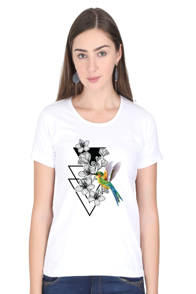 Humming Bird and Flower Boho Art - Women's Round Neck Half Sleeve T-Shirt