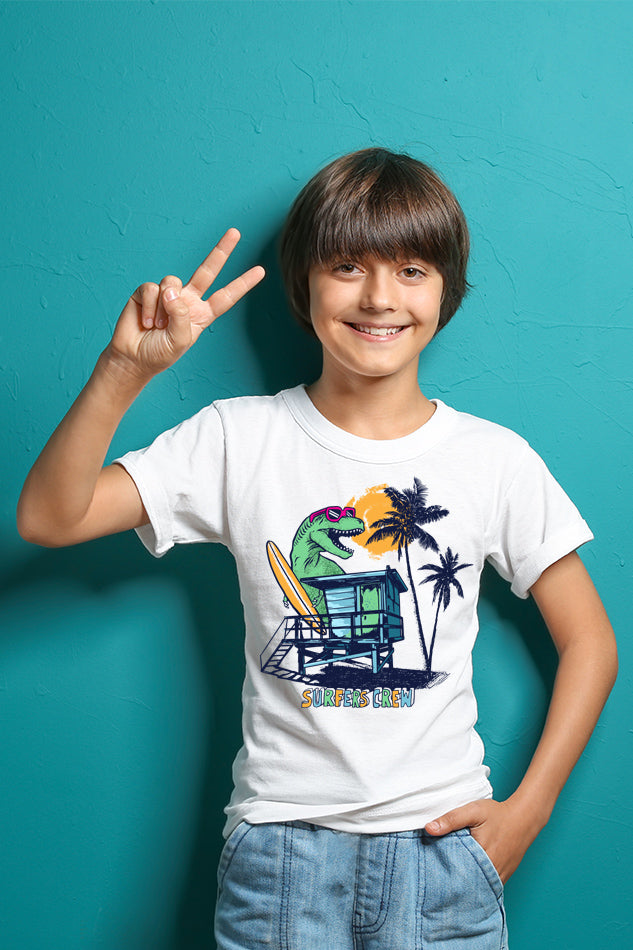 Dino Surfer Crew - Kid's Round Neck Half Sleeve T-Shirt (Boys)