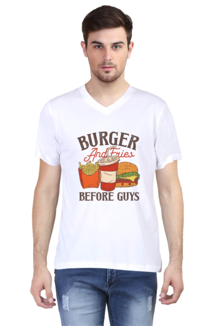 Burger And Fries Before Guys -  Men's V-Neck Half Sleeve T-Shirt