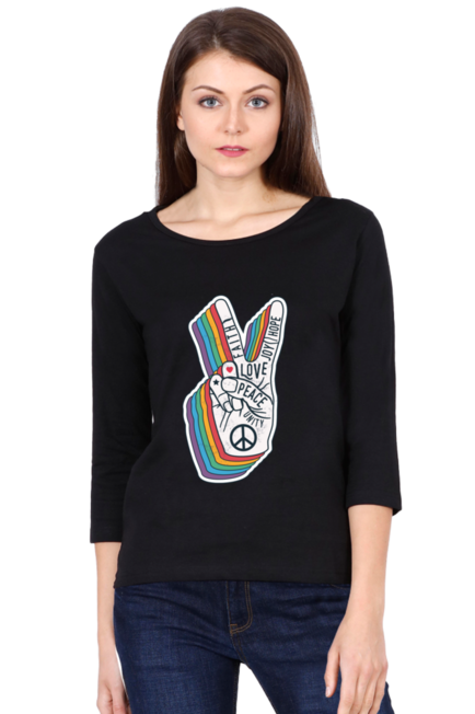 Peace Hand Gesture Sign - Women's Round Neck Full Sleeve T-Shirt