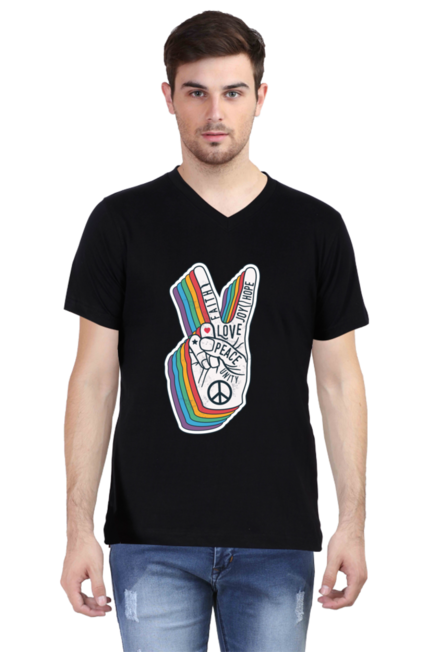 Peace Hand Gesture Sign - Men's V-Neck Half Sleeve T-Shirt