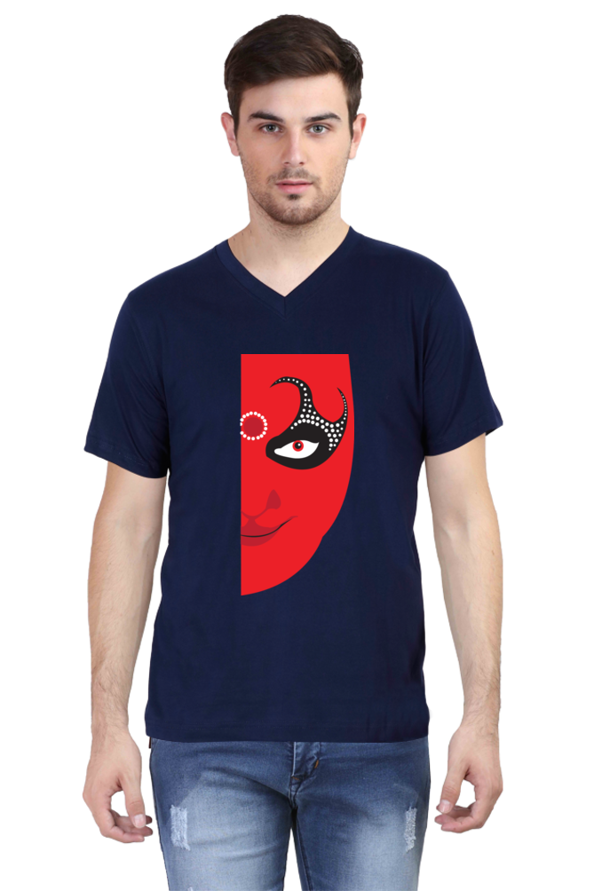 Half Head Theyyam - Men's V-Neck Half Sleeve T-Shirt