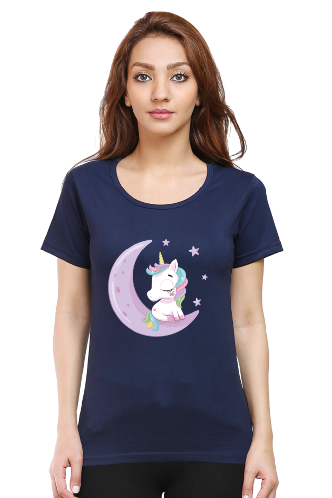Half Moon and Unicorn - Women's Round Neck Half Sleeve T-Shirt