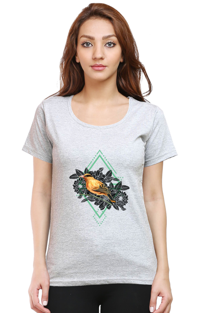 Bird and Flower Illustration - Women's Round Neck Half Sleeve T-Shirt