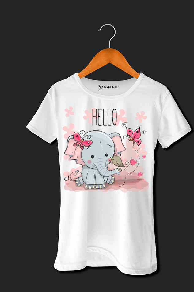Hello Elephant - Kid's Round Neck Half Sleeve T-Shirt(Girls)