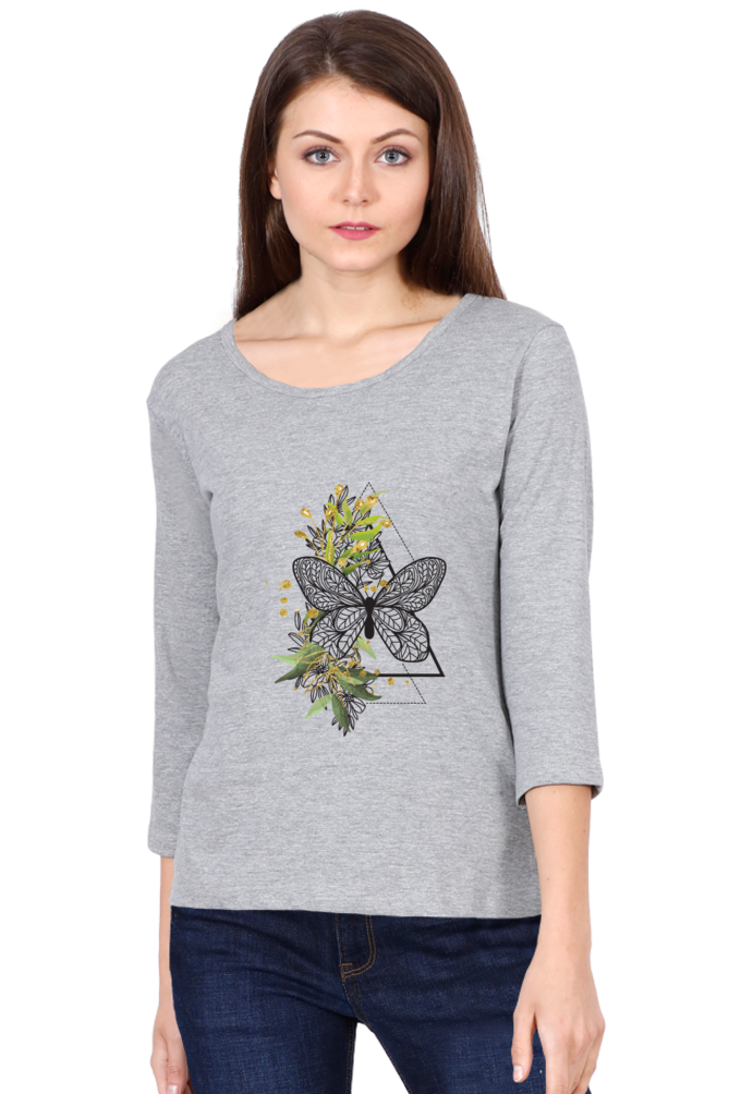 Leaves and Boho Butterfly - Women's Round Neck Full Sleeve T-Shirt