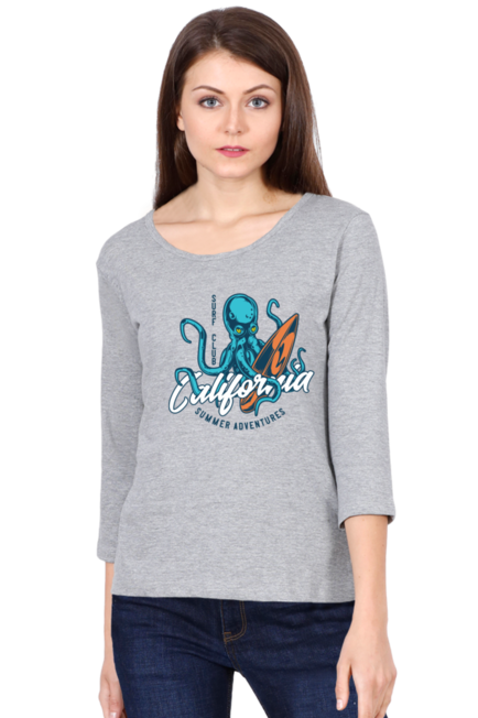 Surfing Octopus - Women's Round Neck Full Sleeve T-Shirt