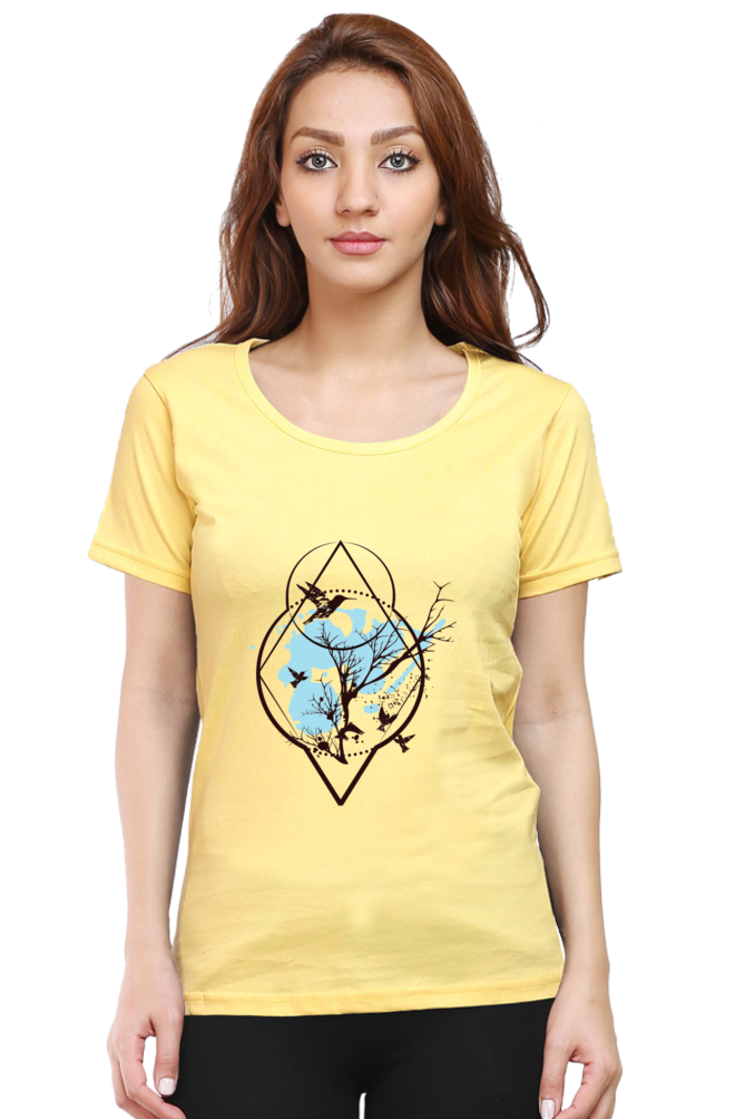 Boho Tree and Flying Birds - Women's Round Neck Half Sleeve T-Shirt