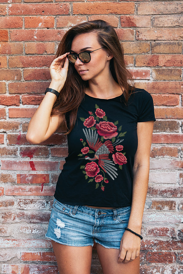 Crane Bird and Flower - Women's Round Neck Half Sleeve T-Shirt