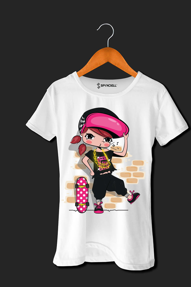 Cute Girl With Skateboard - Kid's Round Neck Half Sleeve T-Shirt (Girl)